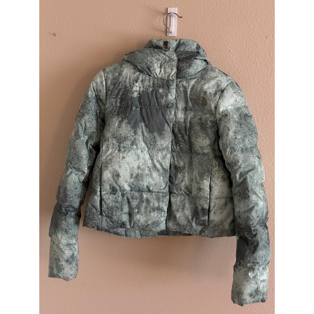 The North Face Hyalite Down Puffer Jacket Grey Marble Print Hooded 550 Fill S